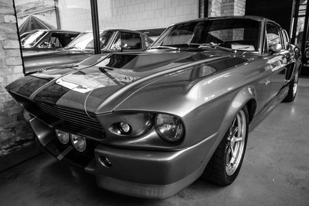 BERLIN - MAY 10, 2015: Shelby GT 500E Super Snake, 1968. Black and white. The Shelby is a higher performance variant of the Ford Mustang. 28th Berlin-Brandenburg Oldtimer Dayのeditorial素材
