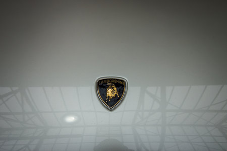 BERLIN - MAY 10, 2015: The logo on the hood of a mid-engined supercar Lamborghini Countach LP 25th Anniversary, 1990. Black and white. 28th Berlin-Brandenburg Oldtimer Dayのeditorial素材