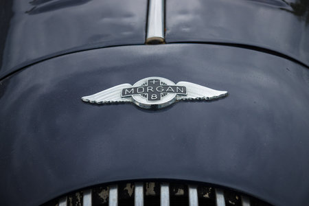 BERLIN - MAY 10, 2015: Emblem of a sports car Morgan Plus 8. 28th Berlin-Brandenburg Oldtimer Day