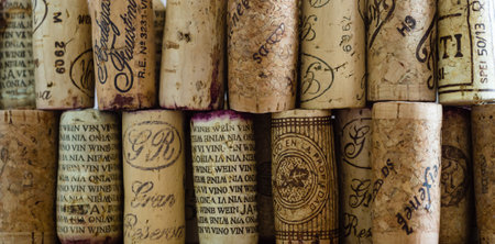 BERLIN - JUNE 03, 2015: Background of different wine corks different brands.のeditorial素材