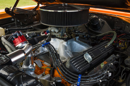 PAAREN IM GLIEN, GERMANY - MAY 23, 2015: Engine of a muscle car Plymouth GTX, close-up. The oldtimer show in MAFZ.のeditorial素材