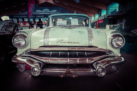 PAAREN IM GLIEN, GERMANY - MAY 23, 2015: Full-size car Pontiac Chieftain, 1956. Stylization. Vintage...