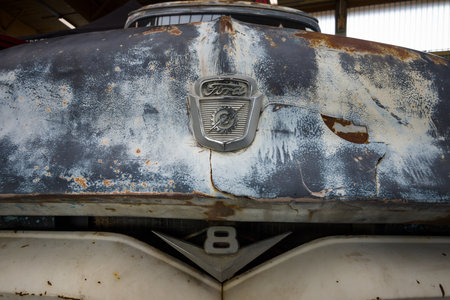 PAAREN IM GLIEN, GERMANY - MAY 23, 2015: Fragment of rusted body of full-size pickup truck Ford F100. The oldtimer show in MAFZ.のeditorial素材