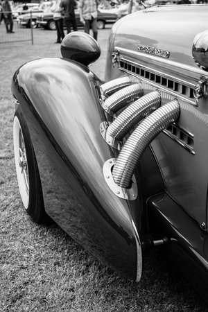 PAAREN IM GLIEN, GERMANY - MAY 23, 2015: Fragment of vintage car Auburn 852 Speedster. Black and white. The oldtimer show in MAFZ.のeditorial素材