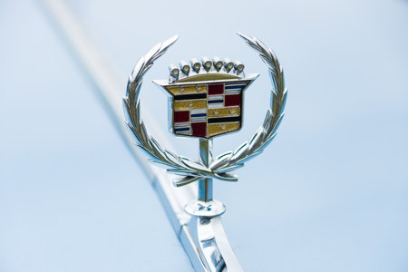 PAAREN IM GLIEN, GERMANY - MAY 23, 2015: Emblem of a full-size luxury car Cadillac de Ville series, 1974. The oldtimer show in MAFZ.のeditorial素材