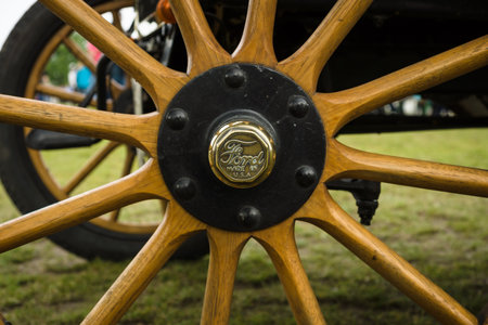 PAAREN IM GLIEN, GERMANY - MAY 23, 2015: Fragment of an old car wheel Ford A. The oldtimer show in MAFZ.のeditorial素材