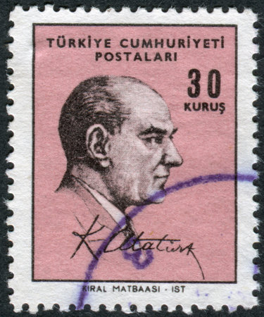 TURKEY - CIRCA 1966: Postage stamp printed in Turkey, depicted the 1st President of Turkey, Mustafa Kemal Pasha (Ataturk), circa 1966のeditorial素材