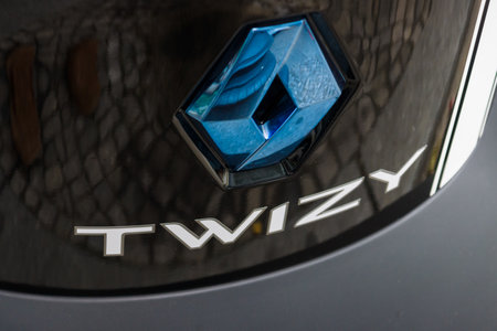 BERLIN - JUNE 14, 2015: Emblem of a two-passenger electric vehicle Renault Twizy Z.E. The Classic...
