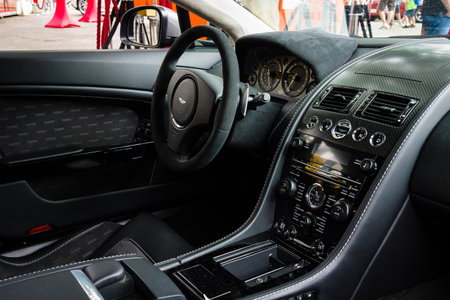 BERLIN - JUNE 14, 2015: Cabin of a luxury sports car Aston Martin V8 Vantage N430 (since 2015). The...