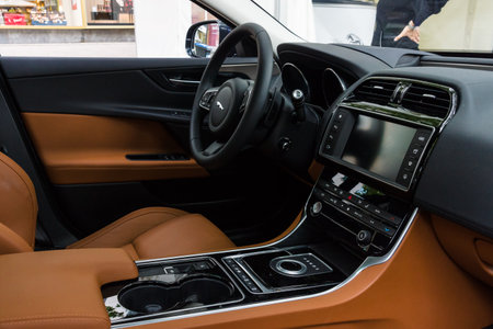 BERLIN - JUNE 14, 2015: Cabin of the compact executive car Jaguar XE 20D (since 2015). The Classic Days on Kurfuerstendamm.のeditorial素材