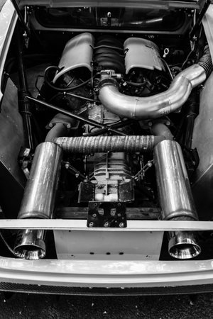 BERLIN - JUNE 14, 2015: Engine of a sports car Jim Turner GTO, 1984. Black and white. The Classic Days on Kurfuerstendamm.のeditorial素材