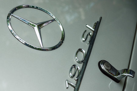BERLIN - JUNE 14, 2015: The logo of a sports car Mercedes-Benz SL190. The Classic Days on...