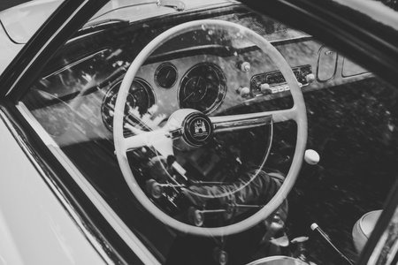 BERLIN - JUNE 14, 2015: Cabin of a sports car Volkswagen Karmann Ghia. Stylization. Black and white. The Classic Days on Kurfuerstendamm.のeditorial素材