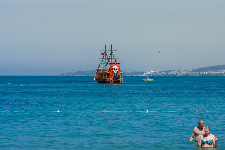 AVSALLAR, TURKEY - JULY 01, 2015: Mediterranean Sea. Traditional boat trips on the sea on sailing vessels aka pirate ships.のeditorial素材