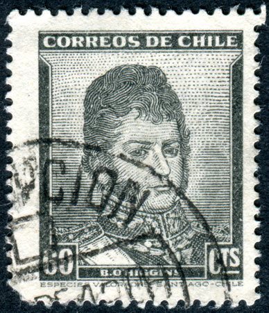 CHILE - CIRCA 1948: Postage stamp printed in Chile, shows portrait of Bernardo O'Higgins Riquelme, circa 1948のeditorial素材