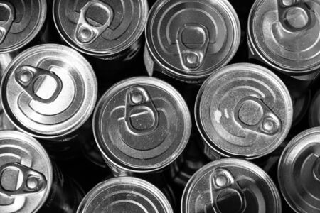 Metal cans. Top view. Close-up. Black and white.の写真素材