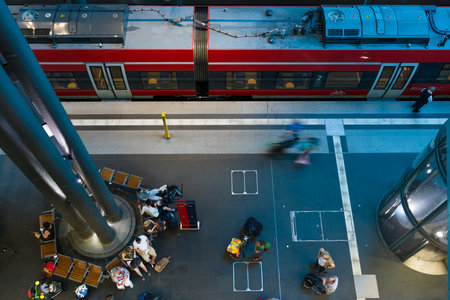BERLIN - AUGUST 08, 2015: Berlin Central Railway Station. Top view of the platform. The central station of Berlin - the largest and modern railway station of Europe.のeditorial素材