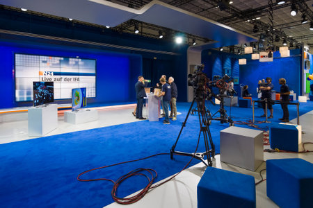 BERLIN - SEPTEMBER 04, 2015: Mobile studio German television news broadcaster N24. International radio exhibition Berlin (IFA).のeditorial素材