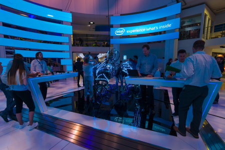BERLIN - SEPTEMBER 04, 2015: Stand of company Intel. International radio exhibition Berlin (IFA)のeditorial素材