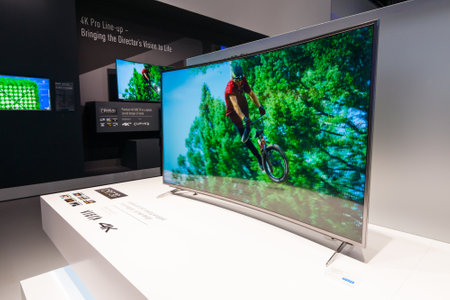 BERLIN - SEPTEMBER 04, 2015: Stand of Panasonic. Panasonic announced new OLED TVs. International radio exhibition Berlin (IFA2015).のeditorial素材