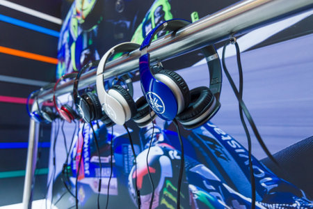BERLIN - SEPTEMBER 04, 2015: Stand of Yamaha headphones. International radio exhibition Berlin (IFA2015).のeditorial素材