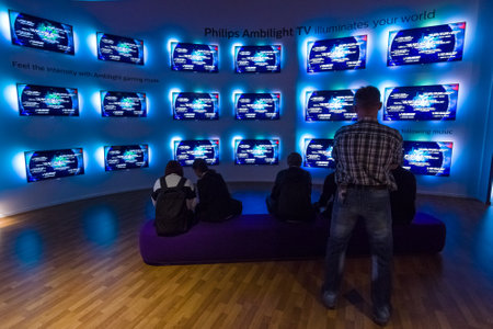 BERLIN - SEPTEMBER 04, 2015: Stand for Philips. Presentation televisions with technology Ambilight. International radio exhibition Berlin (IFA2015).のeditorial素材