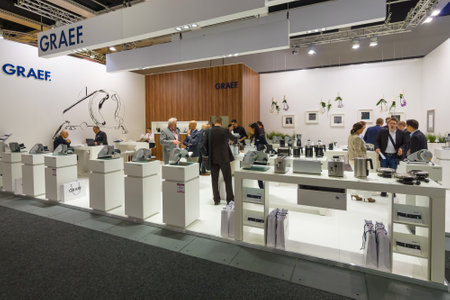 BERLIN - SEPTEMBER 04, 2015: Stand of company Graef, a manufacturer of Electric Food Slicer. International radio exhibition Berlin (IFA2015).のeditorial素材