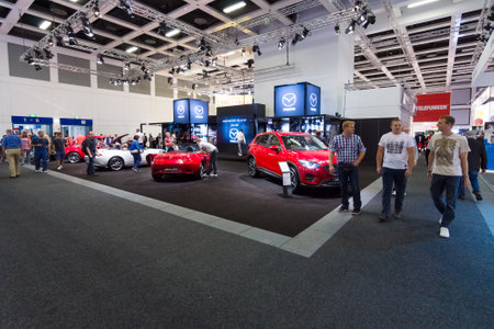 BERLIN - SEPTEMBER 04, 2015: Presentation of the new car company Mazda. International radio exhibition Berlin (IFA2015).のeditorial素材