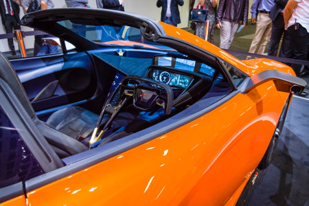 BERLIN - SEPTEMBER 04, 2015: Cabin of a supercar McLaren 650S Spider. Rear view. International radio...