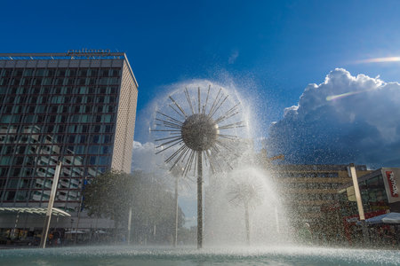DRESDEN, GERMANY - SEPTEMBER 09, 2015: A beautiful fountain in the form of a ball on the square in the old town. Dresden is the capital city of the Free State of Saxony.のeditorial素材
