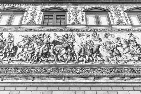 Fragment of a large painting "Procession of Princes". Black and white. It was originally painted between 1871 and 1876 to celebrate the 800th anniversary of the Wettin Dynasty.のeditorial素材