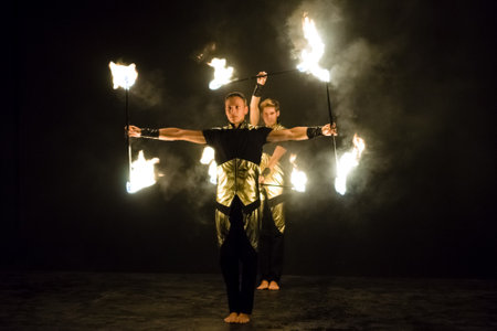 AVSALLAR, TURKEY - JUNE 30, 2015: Fire show. Evening performance on the beach for vacationers....