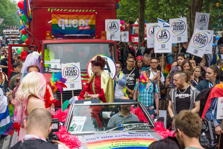 BERLIN, GERMANY - JUNE 27, 2015: Christopher Street Day (CSD). The annual European LGBT celebration and demonstration held in Berlin for the rights of LGBT people, and against discrimination and exclusion.のeditorial素材