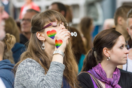 BERLIN, GERMANY - JUNE 27, 2015: Christopher Street Day. The annual European LGBT celebration and demonstration held in Berlin for the rights of LGBT people, and against discrimination and exclusion.のeditorial素材