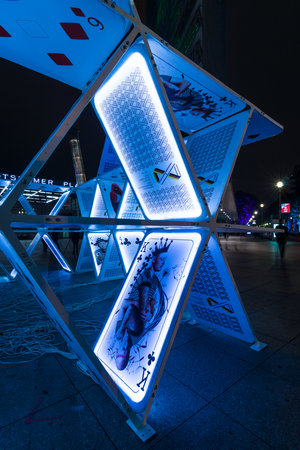 BERLIN, GERMANY - OCTOBER 13, 2015: Fragment of an art installation "House of Cards" on Potsdamer Platz. The annual "Festival of lights"のeditorial素材