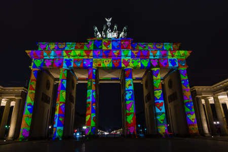 BERLIN, GERMANY - OCTOBER 13, 2015: Brandenburg Gate in night illumination. The annual Festival of Lights 2015のeditorial素材
