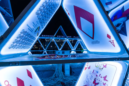 BERLIN, GERMANY - OCTOBER 13, 2015: Fragment of an art installation "House of Cards" on Potsdamer Platz. The annual "Festival of lights"のeditorial素材