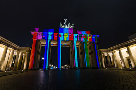 BERLIN, GERMANY - OCTOBER 13, 2015: Brandenburg Gate in night illumination. The annual Festival of Lights 2015のeditorial素材