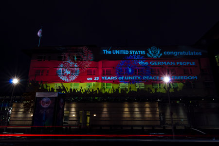 BERLIN, GERMANY - OCTOBER 13, 2015: The US Embassy in the evening illumination. The annual Festival of Lights 2015のeditorial素材