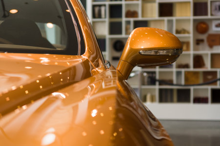 BERLIN - SEPTEMBER 04, 2012: Showroom. Detail (rear view mirror) of a personal luxury car Bentley New Continental GT V8. Produced since 2013.のeditorial素材