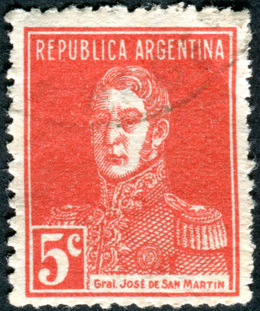 ARGENTINA - CIRCA 1933: A stamp printed in the Argentina, shows a national hero, Jose de San Martin, circa 1933のeditorial素材