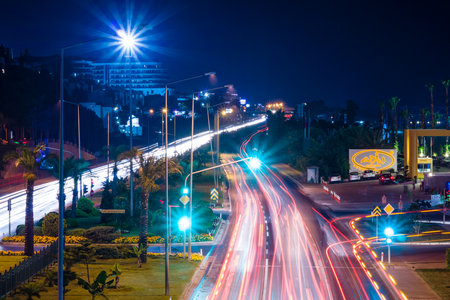 AVSALLAR, TURKEY - JULY 08, 2015: Night view of the highway between Antalya and Alanya. Anatolian coast - a popular holiday destination for European tourists.のeditorial素材