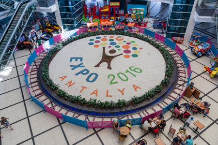 ANTALYA, TURKEY - JULY 11, 2015: International airport. A giant logo of the exhibition EXPO 2016....