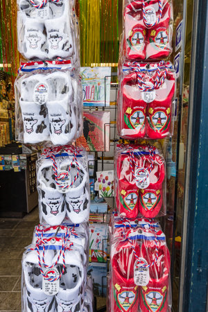 MAASTRICHT, NETHERLANDS - JANUARY 13, 2016: Sale of souvenirs. Traditional Dutch wooden shoes -...