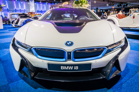 MAASTRICHT, NETHERLANDS - JANUARY 14, 2016: Plug-in hybrid sports car BMW i8. International Exhibition InterClassics & Topmobiel 2016のeditorial素材