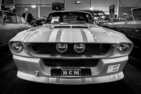 MAASTRICHT, NETHERLANDS - JANUARY 15, 2016: Pony car Shelby Mustang GT500CR, 1967. Black and white.  International Exhibition InterClassics & Topmobiel 2016のeditorial素材