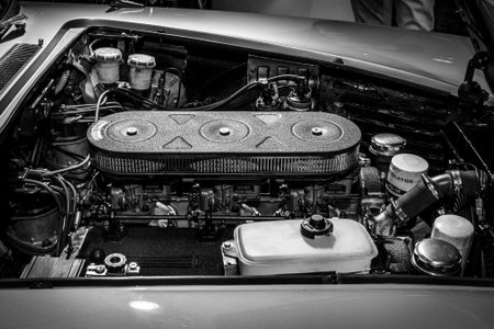 MAASTRICHT, NETHERLANDS - JANUARY 15, 2016: Engine of a sports car Ferrari 330 GT 2+2 Series 1, 1965. Black and white. International Exhibition InterClassics & Topmobiel 2016のeditorial素材