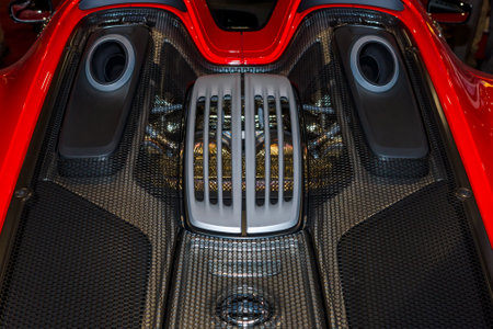 MAASTRICHT, NETHERLANDS - JANUARY 15, 2016: The engine compartment of a hypercar Porsche 918 Spyder. International Exhibition InterClassics & Topmobiel 2016のeditorial素材