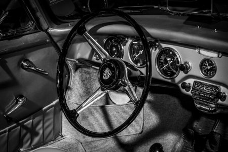 MAASTRICHT, NETHERLANDS - JANUARY 15, 2016: Cabin of sports car Porsche 356A Speedster, 1955. Black and white. International Exhibition InterClassics & Topmobiel 2016のeditorial素材