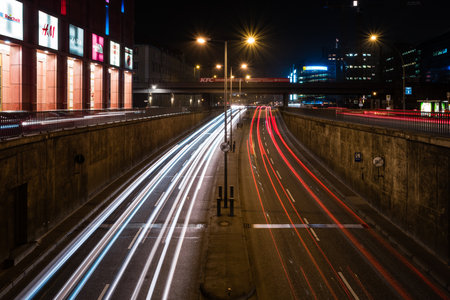 BERLIN - MARCH 05, 2016: Night traffic on the tunnel near the Alexanderplatz. Berlin at nightのeditorial素材